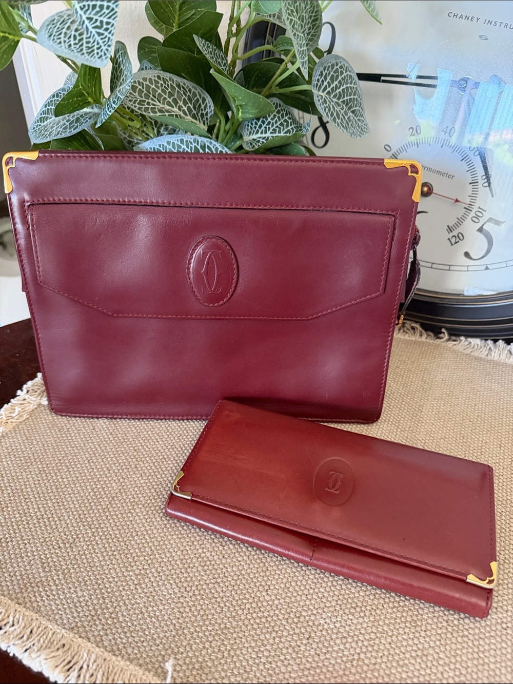Bundle: Cartier Burgundy Leather Clutch and Wallet with Gold Accents